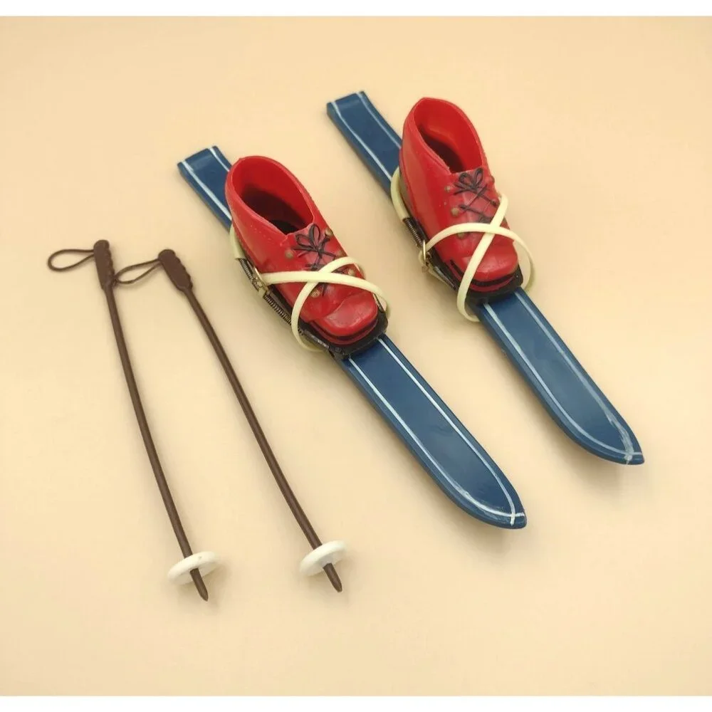 Vintage Wilton Miniature Red Ski Boots & Blue Skis Cake Topper Poles 9